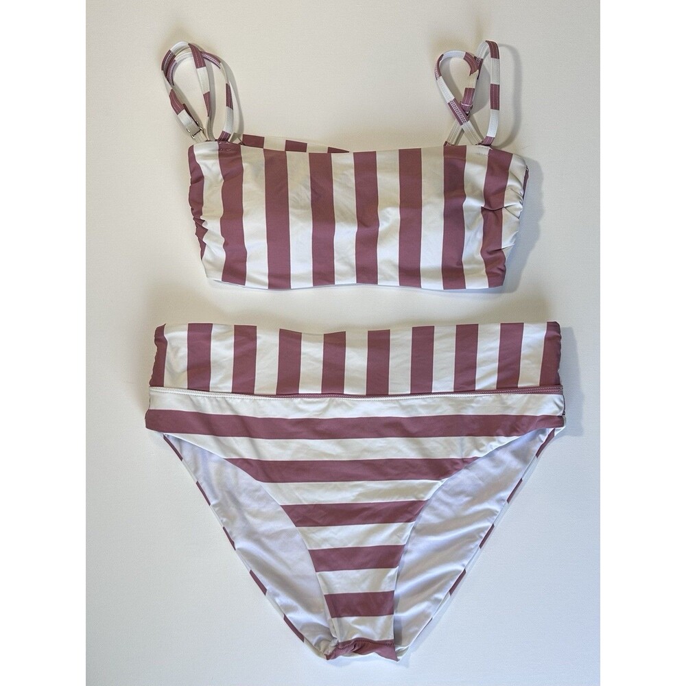 Gianni Bini Mauve White Stripe Bikini Set Bandeau Tie Back Padded NWT
